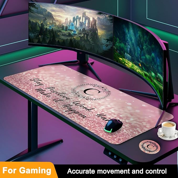 Pink Large Gaming Mouse Pad with Coaster, Desk Mat, Mouse Pad for Computer Keyboard Laptop Office Decor, Stitched Edges Extended Mousepad, 31.5'' x15.6''-Letter C