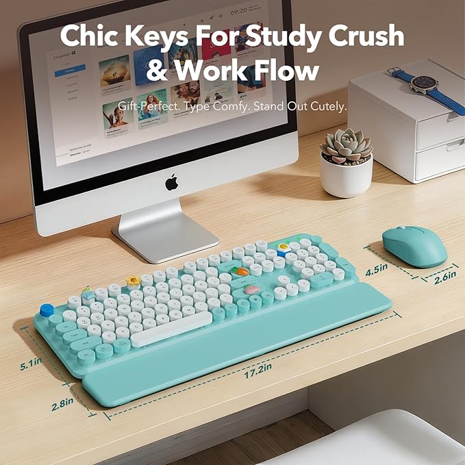 Wireless Keyboard and Mouse Combo, Full-Size Retro Typewriter Keyboard with Round Keycaps, Magnetic Wrist Rest, Tilt Legs, 2.4GHz Cordless for Mac, Windows PC, Laptop, SABLUTE CK23, Robin Egg Blue
