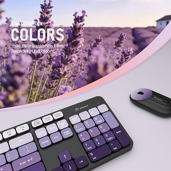 Wireless Keyboard and Mouse Combo - 2.4G Wireless, Rechargeable, Low-Noise, Cute Colorful, Full-Sized, 3 DPI Adjustable Mouse, for Computer, Laptop, PC, Desktop(Black-Purple)