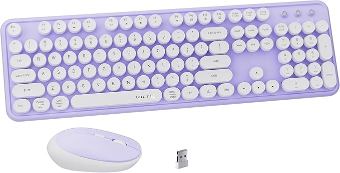 x UBOTIE Colorful Wireless Keyboard and Mouse Combo, Full-Sized Office Keyboard with Typewriter Flexible Keys, 2.4GHz Dropout-Free Connection, Optical Mouse for PC Laptop(Purple White)