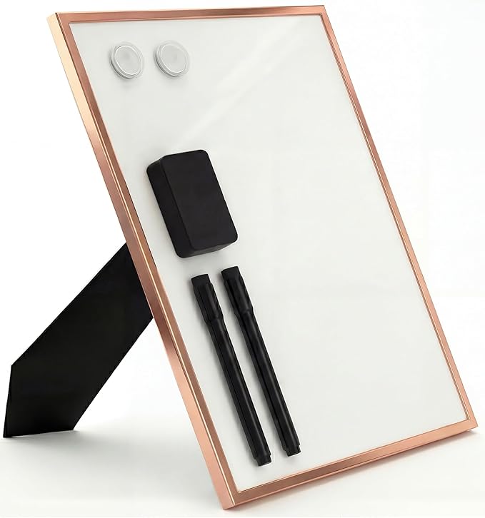 Small Whiteboard 12 x 16 Inch Magnetic Dry Erase Board with Stand & Wall Mount | Rose Gold Aluminum Frame | Desktop Board for Home, Office, Reception, Events | 2 Markers, Eraser & 2 Magnets