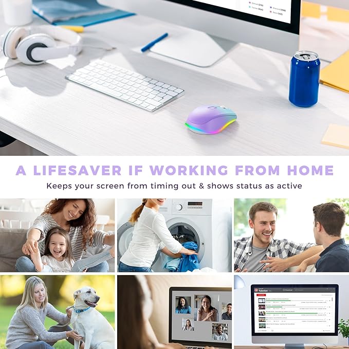 PEIOUS Wireless Mouse Jiggler - LED Wireless Mice with Build-in Mouse Mover, Rechargeable Moving Mouse for Laptop with Undetectable Random Movement Keeps Computers Awake - Purple to Green