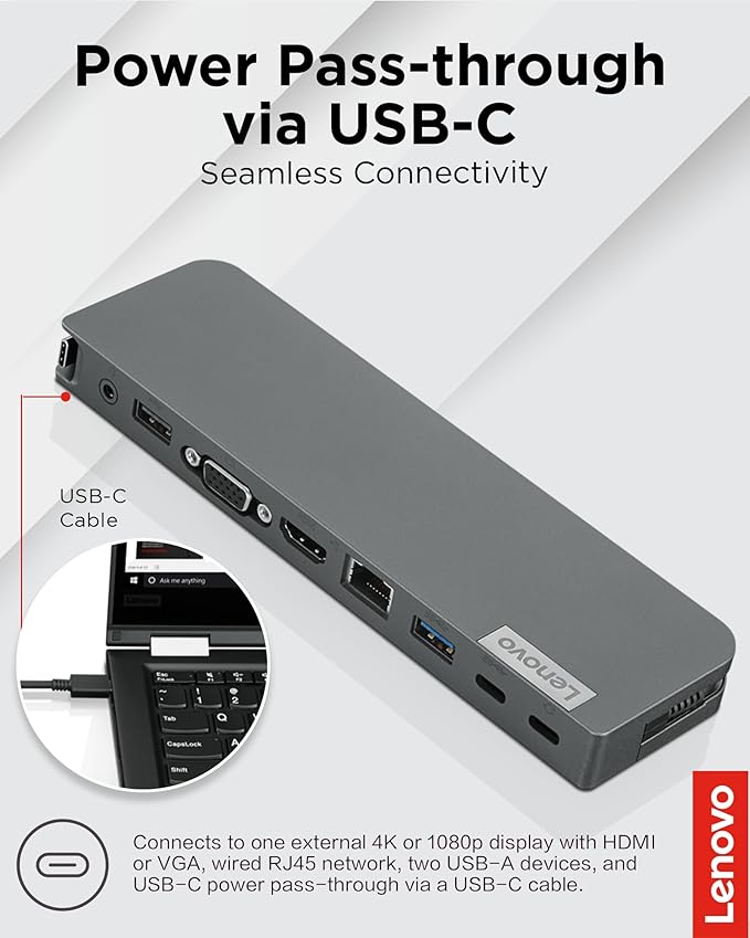 Lenovo 7-in-1 Portable USB-C Mini Dock - HDMI & VGA, 45W Charging, Compatible with Lenovo, Apple & USB-C Laptops, G0A70065US