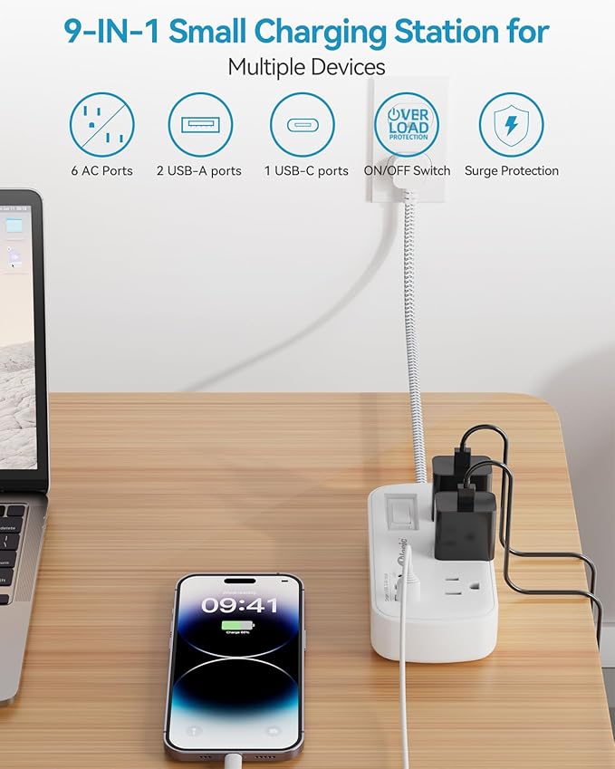 Short Extension Cord 3 Ft - okleeic Small Power Strip Flat Plug Surge Protetor with 6 Outlets & 3 USB (1 USB C) Charging Ports, Multi Plug Wall Outlet Extender for Travel Dorm Room Essentials