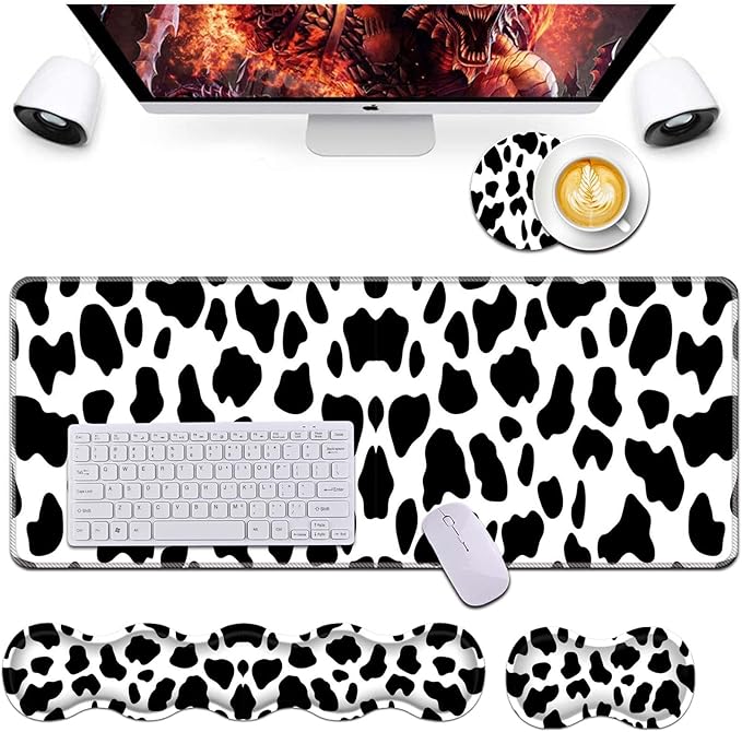 Keyboard Wrist Rest and Mouse Pad Wrist Support Set,Ergonomic Memory Foam Wrist Pad & Non Slip Base for Home Office Working Studying Easy Typing,Cow Pattern