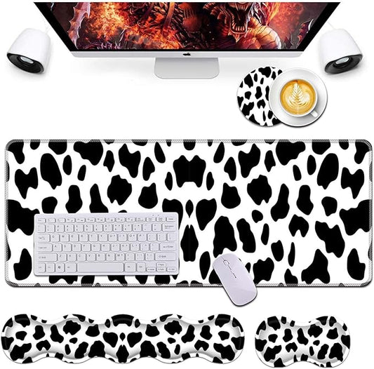 Keyboard Wrist Rest and Mouse Pad Wrist Support Set,Ergonomic Memory Foam Wrist Pad & Non Slip Base for Home Office Working Studying Easy Typing,Cow Pattern