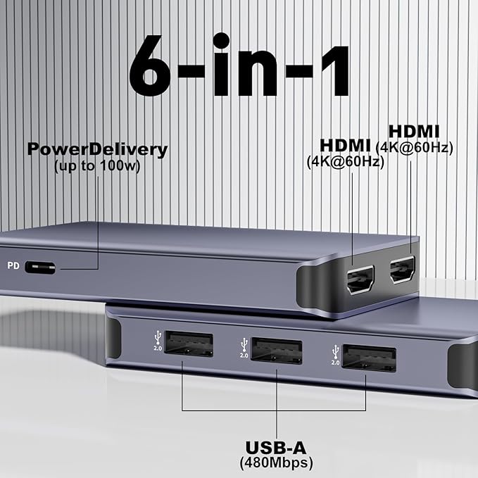 USB C to Dual HDMI Adapter, 6 in 1 Docking Station Dual Monitor, 3*USB-A Data Ports, 100W PD, HDMI Splitter Extended Display Laptop USB C Hub for MacBook, HP, Dell and More