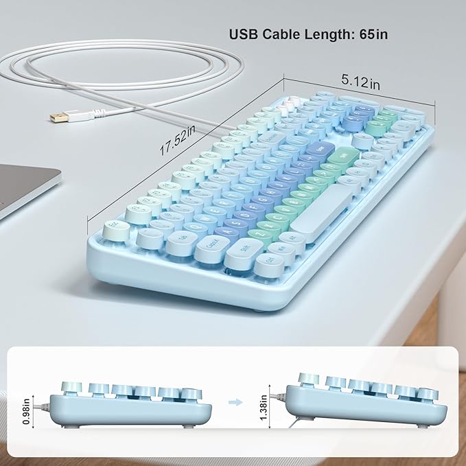 Large Print Keyboard Wired, Full Size Wired Retro Round Keyboard with Foldable Stands, Plug and Play for Laptop and Office PC- Blue Gradient