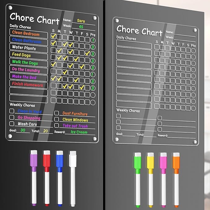Acrylic Chore Chart Clear Dry Erase Checklist Chore Boars for Family Chores Checklist Reward Chart Responsibility Chart, 12x9'', 2 Boards
