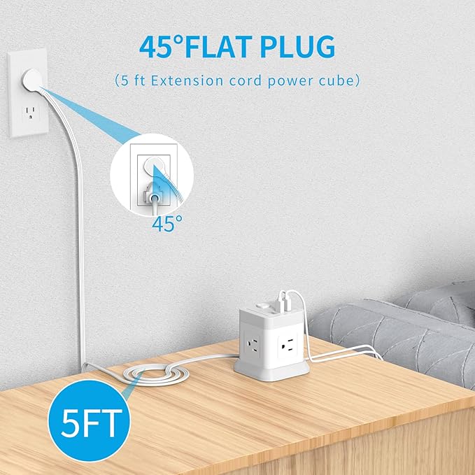 Power Strip with USB C, FDTEK Desktop Power Cube Strip, 10 FT Extension Cord with 4 Outlets and 3 USB, Compact Power Strips Tower for Travel Home Office Cruise Ship - White