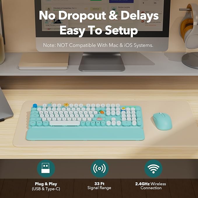 Wireless Keyboard and Mouse Combo, Full-Size Retro Typewriter Keyboard with Round Keycaps, Magnetic Wrist Rest, Tilt Legs, 2.4GHz Cordless for Mac, Windows PC, Laptop, SABLUTE CK23, Robin Egg Blue