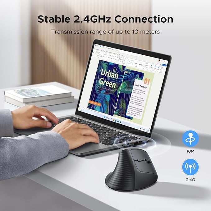 UGREEN 2.4G Mouse Wireless Vertical Ergonomic Mouse, Adjustable DPI Office Cordless 6 Buttons, Computer Mouse with 1000/1600/2000/4000 DPI for Windows/Mac OS etc