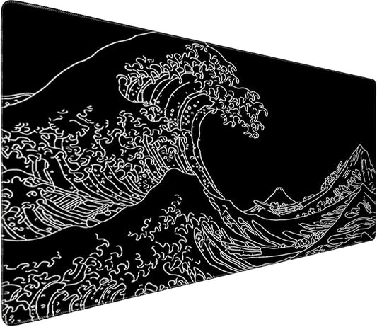 LifetimeWarrantly Japanese Sea Wave Large Gaming Mouse Pad – 35.4" x 15.7" Full Desk Mat, Non-Slip Rubber Base, Stitched Edges, Waterproof, Durable Surface for Esports, Office, Home