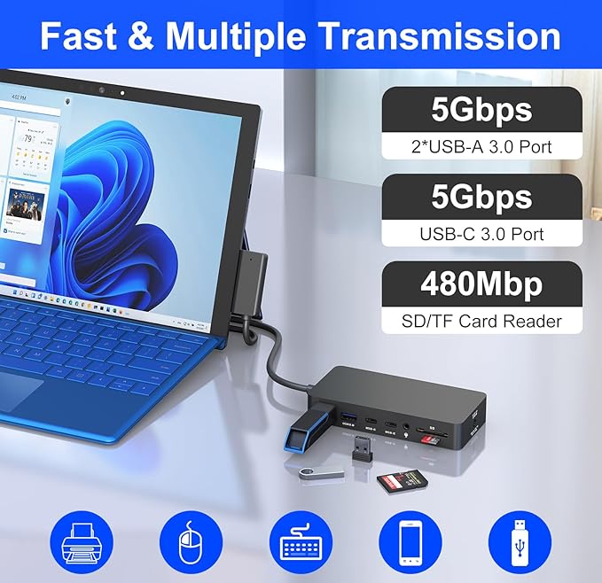 Surface Docking Station, 12-in-1 Triple Displays VGA +Dual HDMI Surface Dock, Surface Docking Station for Surface Pro 11/10/9/8/X/7/6/5/4/3,Surface Laptop 7/6/5/4/3/2/1,Surface Book Go