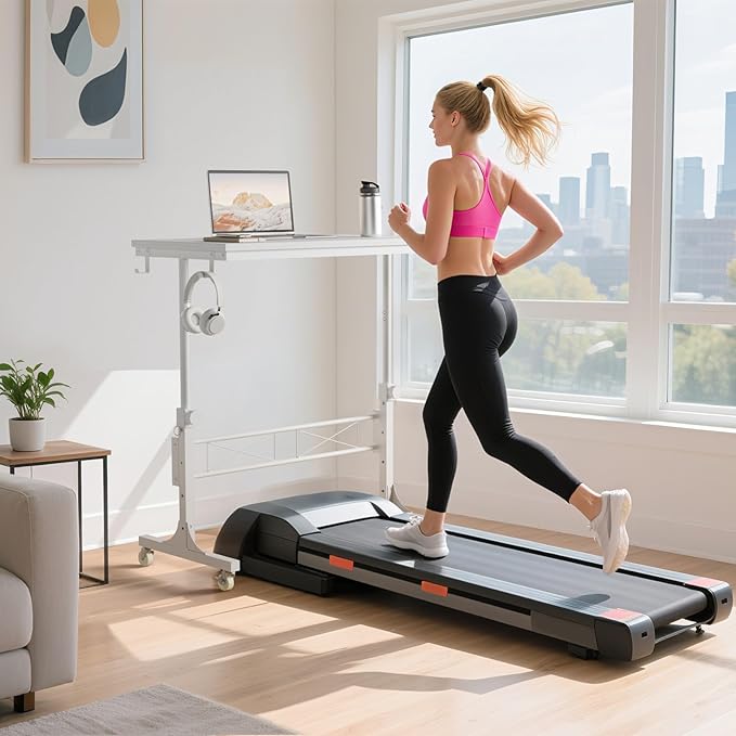 Small Portable Treadmill Walking Pad Desk on Wheels, 32 Inch White Adjustable Height Mobile Rolling Standing Teacher Desks, Couch Sofa Side Laptop Stand Up Table for Bedroom, White