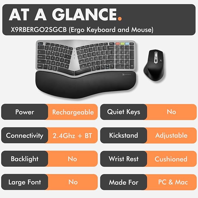 X9 Ergonomic Keyboard and Mouse Wireless Combo 2.4G+Bluetooth - Type Comfortably Longer - Ergo Split Keyboard and Mouse with Wrist Rest - Fullsize Keyboard for Laptop and PC