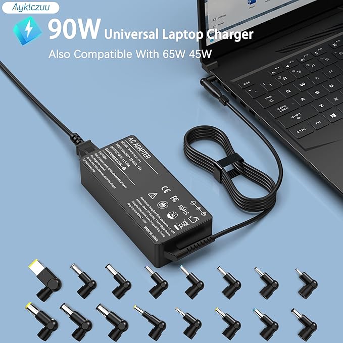 90W Universal Laptop Charger Adapter Replacement for HP Dell Acer Asus Lenovo Toshiba Samsung Sony Google MacBook Fujitsu Gateway Notebook Ultrabook Chromebook Power Supply Cord with 16 Tips