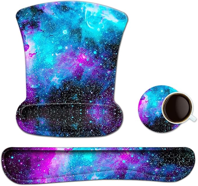 ToLuLu Keyboard Wrist Rest Pad Ergonomic Mouse Pad Set, Cute Gel Mouse Pad for Computer Laptop, Non Slip Mousepad Keyboard Wrist Support Raised Memory Foam for Easy Typing Pain Relief, Nebula Galaxy