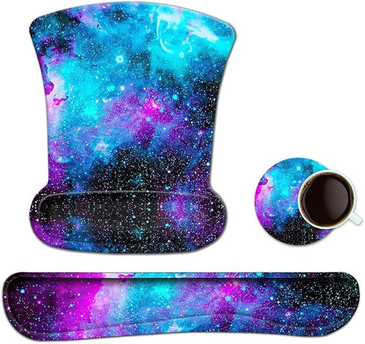 ToLuLu Keyboard Wrist Rest Pad Ergonomic Mouse Pad Set, Cute Gel Mouse Pad for Computer Laptop, Non Slip Mousepad Keyboard Wrist Support Raised Memory Foam for Easy Typing Pain Relief, Nebula Galaxy