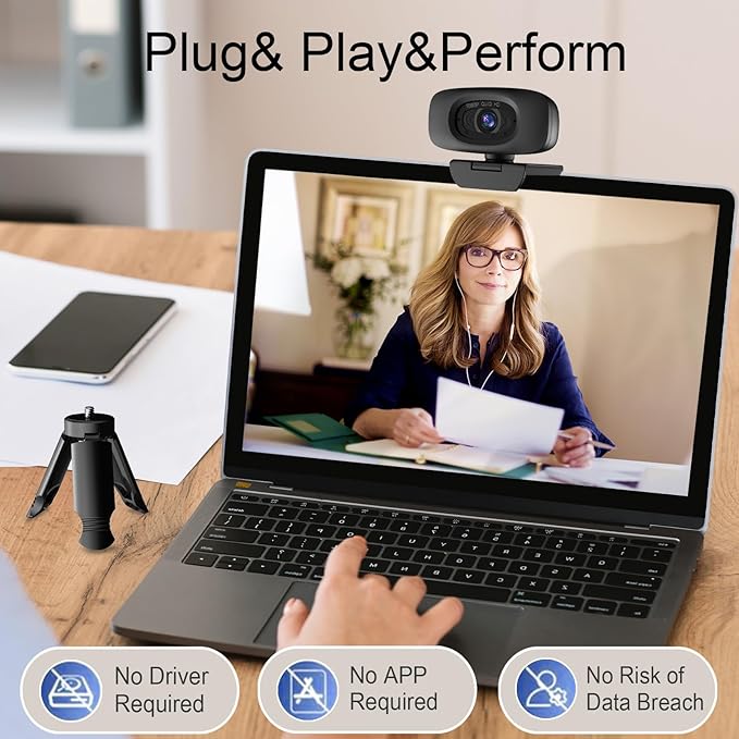 Webcam for PC - PC Camera Webcam 1080P, Desktop Computer Web cam with Privacy Shutter and Tripod Autofocus, Dual Noise-Cancelling Mics,Auto Light Correction, USB Plug&Play