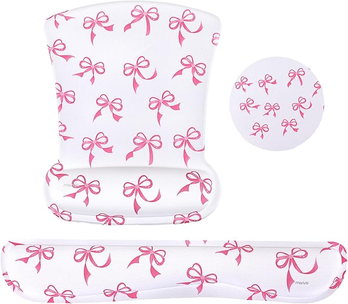 MOSISO Wrist Rest Support for Mouse Pad&Keyboard Set, Pink Bows Ergonomic Mousepad&Coaster Non-Slip Base Home/Office Pain Relief&Easy Typing Cushion with Neoprene Cloth&Raised Memory Foam, White