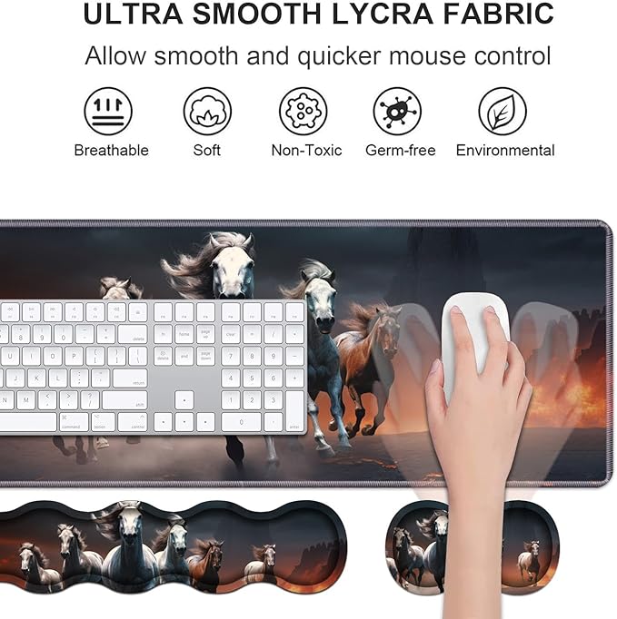 Ergonomic Keyboard Wrist Rest & Mouse Pad Wrist Rest Set, Large XXL Gaming Desk Mat 31.5"x 11.8" with Non-Slip Base, Memory Foam, Easy Typing Pain Relief for Home & Office, Running Horses