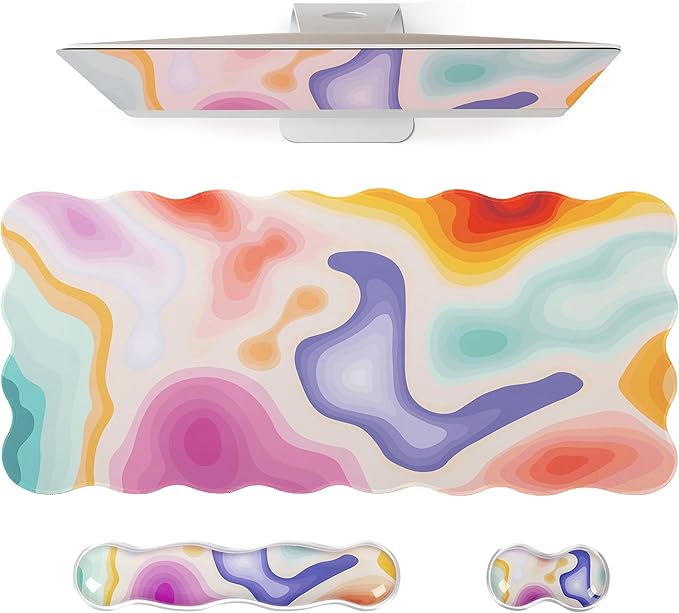 L-SPOUTTO Topographic Mouse Pad Set,Abstract Scalloped XXL Desk Mat + Ergonomic Mouse Wrist Rest +Gel Keyboard Wrist Rest for Keyboard 65%/75%,3in1 Large Desk Pad for Desktop Home Office Computer Game