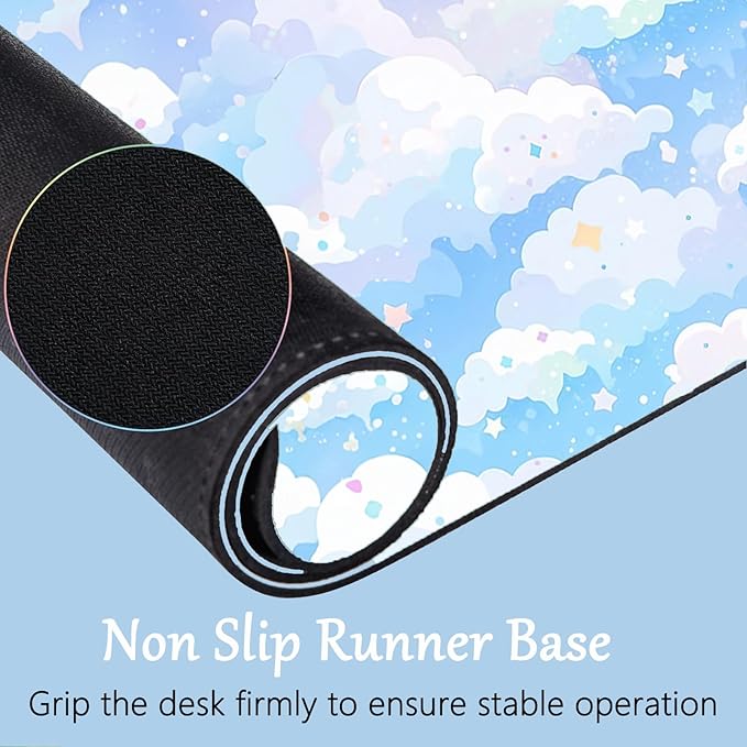 Blue Cloud Mouse Pad and Keyboard Wrist Rest 4PCS Extended Large Stars Desk Mat Pad Set Memory Foam Non-Slip Ergonomic Cute Gaming Mouse Pad Wrist Support for Computer Laptop Home Office