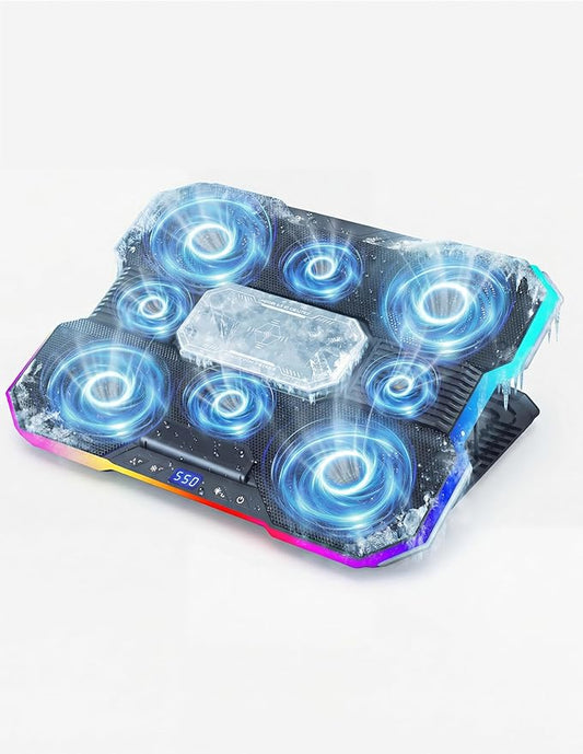 8-Fan Laptop Cooling Pad with Thermoelectric Cooler, 5-Speed Independent Control, 10 RGB Lights, 7-Height Adjustable Metal Panel Laptop Cooler, for 15.6-21 Inch Gaming Laptops