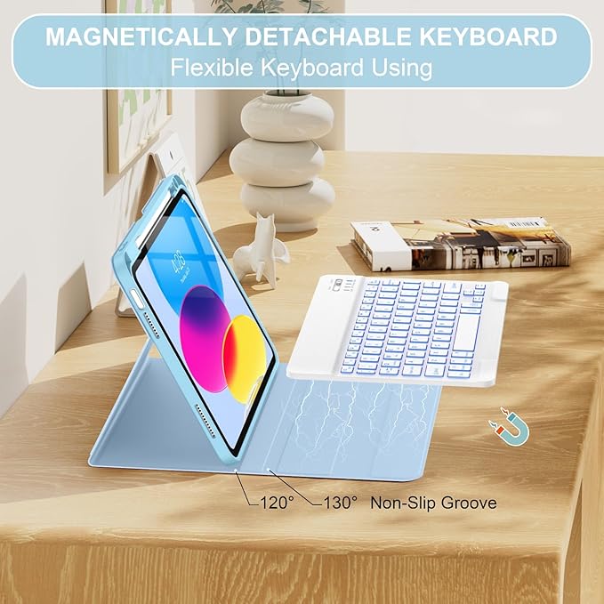 Soke for iPad (A16) 11th/10th Generation Case with Keyboard(2025/2022)-7 Color Backlight Wireless Detachable Folio Keyboard Cover with Built-in Pencil Holder for iPad 11/10.9 inch, Ice Blue Marble