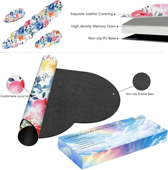 JIKIOU Large Cloud Mouse Pad Waterproof with Cloud Keyboard Wrist Pad and Cloud Mouse Wrist Pad Set, Ergonomic Computer Desk Wrist Support Mousepad for Keyboard and Mouse 35.4x15.7in Colored Rose