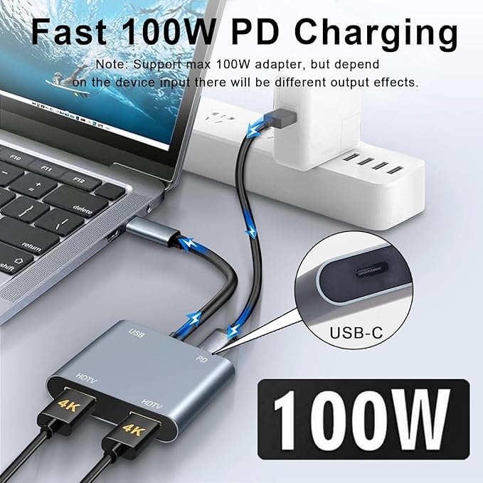 USB C to Dual HDMI Adapter, Type C Hdmi Splitter for Dual Monitors with USB 3.0, 100W PD Charging, HDMI Splitter Extended Display for for MacBook Air/Pro,Dell XPS,HP,Surface,Chromebook