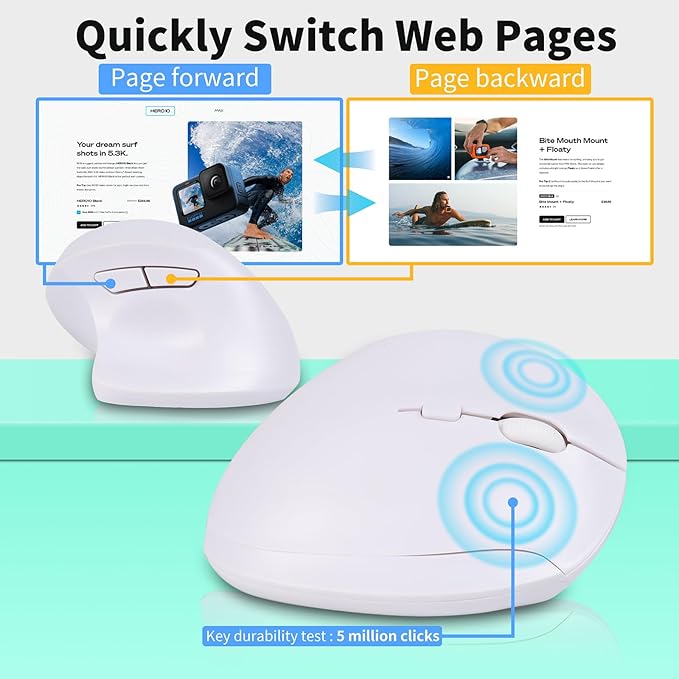 Wireless Silent Ergonomic Vertical Mouse - Dual Mode 2.4G/Bluetooth, Rechargeable Type C, Pain Relief for Office and Home Use, Compatible with Laptop & PC (White)