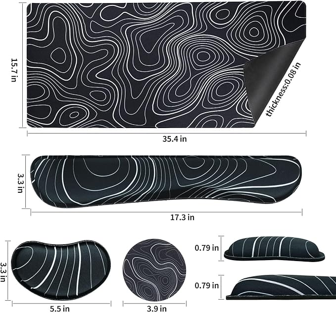Bloss Keyboard Mouse Pad Set, Large Gaming Desk Pad+Keyboard Wrist Rest+Mouse Wrist Cushion+Coaster, Non-Slip Desk Mat, Home Office Essentials-Black and White Topography (35.4 x 15.7 Inches)