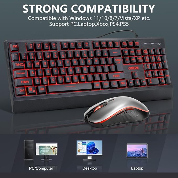 USB Wired Keyboard and Mouse Combo with Red-Yellow-Green LED, Silent Gaming Keyboard with 12 Mulitmedia Keys, Light Up Large Print for Elderly, Low Vision, RGB Backlit Mouse for PC Computer PS5 Laptop