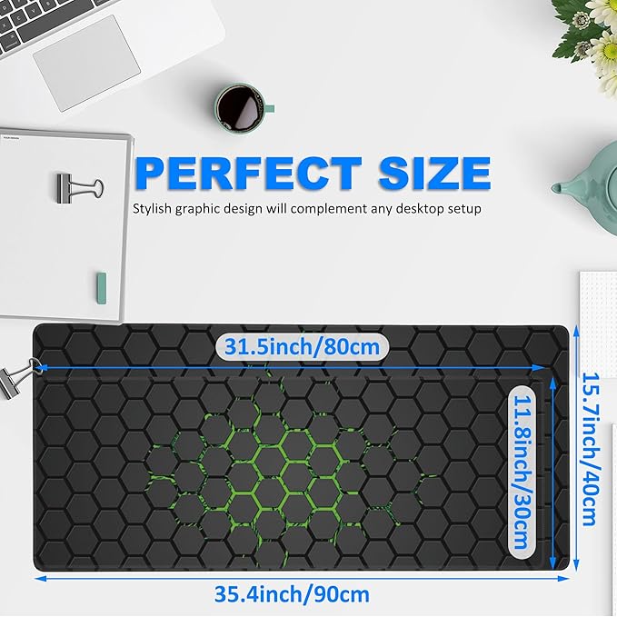 Desk Pad, Green Honeycomb Science Technology Extended Gaming Mouse Pad Large, 31.5"x11.8" Big Mouse Pad with Non-Slip Base and Stitched Edge, Long Computer Keyboard Mouse Mat for Home Office Work
