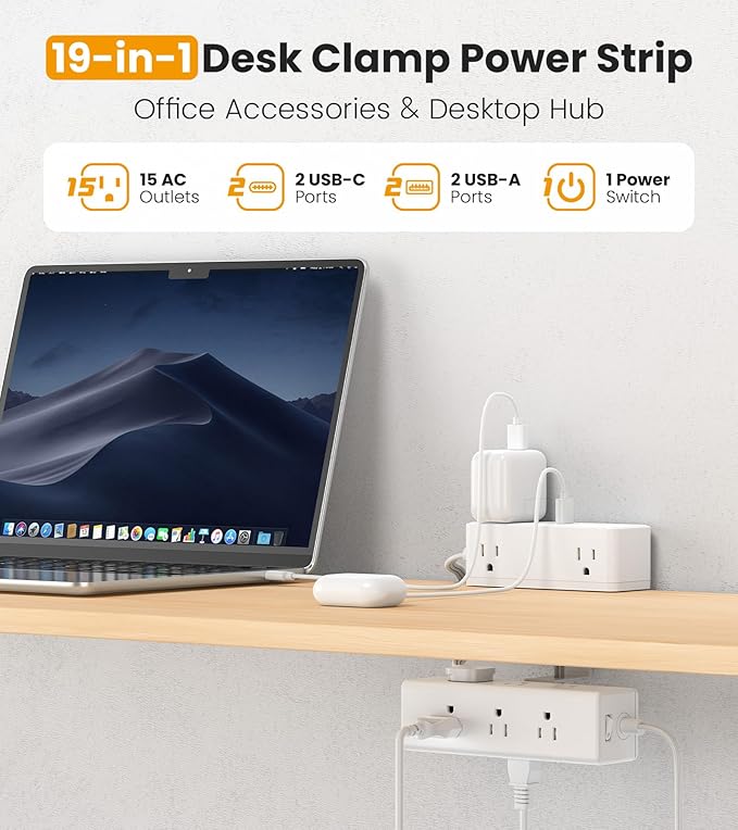 Dual Layer Desk Clamp Power Strip, Desktop Edge Mount Surge Protector with 15 AC Outlets & 4 USB Ports(20W USB-C), Ultra Thin Flat Plug & 10FT Power Cord for Office Home(ETL Listed)