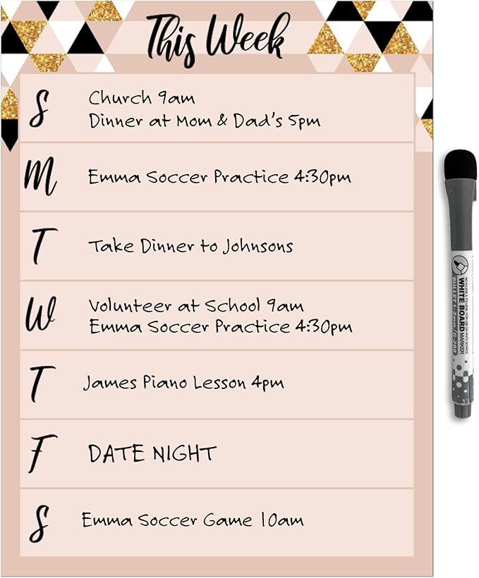 Dry Erase Weekly Calendar Planner Sticker Decal | Removable & Reusable | Magnetic Fine-Tip Marker Included (9 x 12 inches, Rose & Gold)