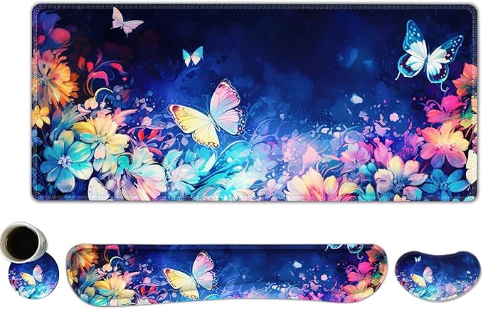 DINKY Keyboard Mouse Pad Set, Large Gaming Mousepad + Memory Foam Ergonomic Keyboard Wrist Rest Support, Easy Typing Pain Relief, 4Pcs (35.4" x 15.7") Extended Desk Mat-Butterflies