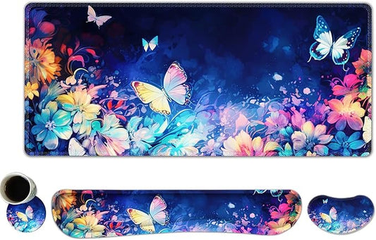DINKY Keyboard Mouse Pad Set, Large Gaming Mousepad + Memory Foam Ergonomic Keyboard Wrist Rest Support, Easy Typing Pain Relief, 4Pcs (35.4" x 15.7") Extended Desk Mat-Butterflies