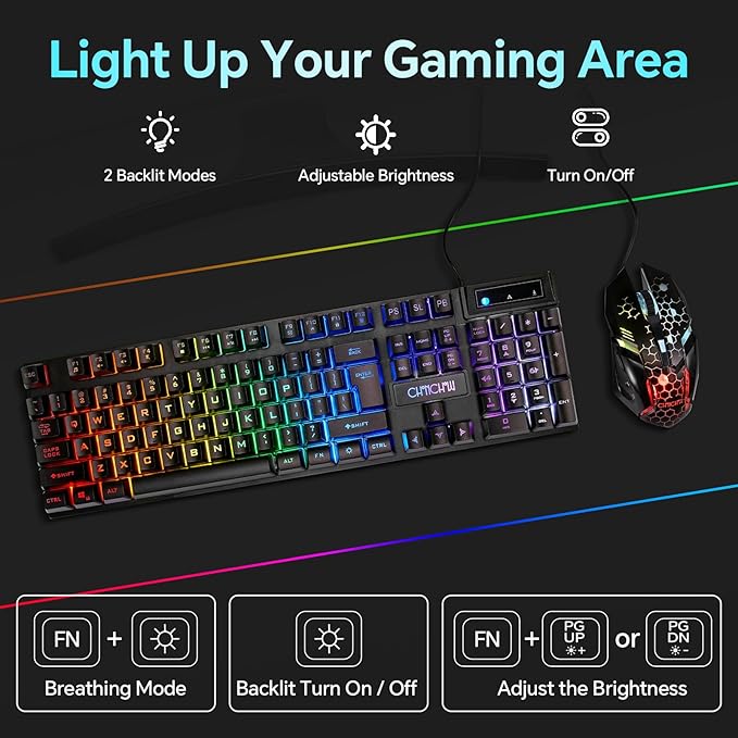 CHONCHOW Gaming Keyboard and Mouse Combo, USB Wired RGB Backlit, Mechanical Feel Anti-ghosting Keyboard 3200DPI Ergonomic Mouse, LED Gaming Set for Laptop PC PS4 Xbox Mac Game Work
