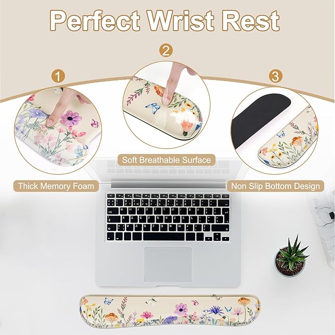 MEGREZ 4-in-1 Ergonomic Memory Foam Wrist Rest Set, Desk Pad, Mouse Pad with Wrist Rest, Keyboard Pad, Suitable for Office Workers, Programmers & Gamers–Relieve Typing & Gaming Fatigue, Light Beige