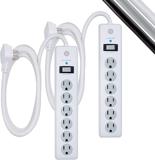 GE Surge Protector Power Strip, 6 Ft Extension Cord, 6 Outlet Extender, 800 Joules, Flat Plug, Twist-to-Close Safety Covers, ETL Listed, White, 2 Pack, 54638