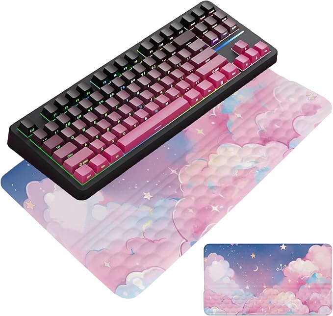 Computer Keyboard Stand Pad with Wrist Rest Pink Cloud Keyboard Pad Support with Comfortable Moon Galaxy Stars Wrist Pad Cute Girl Ergonomic Tilted Keyboard Riser Holder for Desktop Office Home
