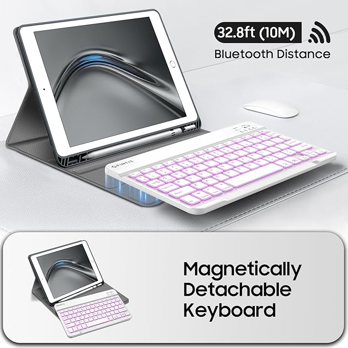 FINTIE Backlit Keyboard Case for iPad 9th / 8th / 7th Generation (2021/2020/2019) 10.2 Inch, Soft TPU Back Cover with 7 Colors Backlight Magnetically Detachable Bluetooth Keyboard, Gray