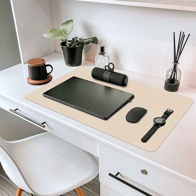 Non-Slip Desk Pad Mat, Leather Beige Desk Mat for Desktop, Large Mouse Pad, Waterproof Computer Mouse Mat Desktop Protector for Office/Home, 23.6" x 13.7"