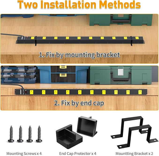 10 Outlet Long Power Strip, Wide Spaced Outlet Power Bar, Heavy Duty Metal Power Strip with 4FT Cord for Work Bench, Garage, Shop, Overload Protection Switch, ETL Listed (15A/1875W), Black