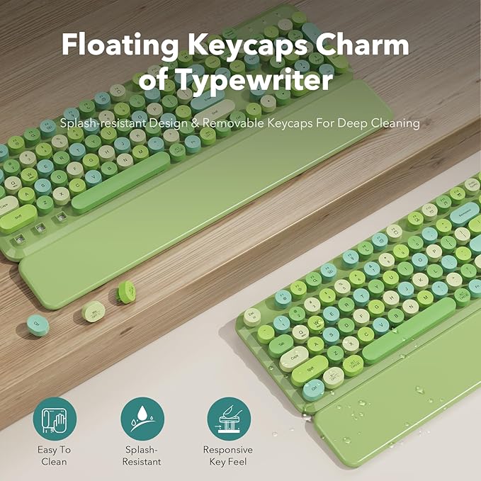 Wireless Keyboard and Mouse Combo with Detachable Magnetic Wrist Rest, Retro Typewriter-Style Keyboard, Round Keycaps, 3-Level DPI Ergonomic Mouse, 2.4GHz for Windows PC/Laptop (Sage Green Mix)
