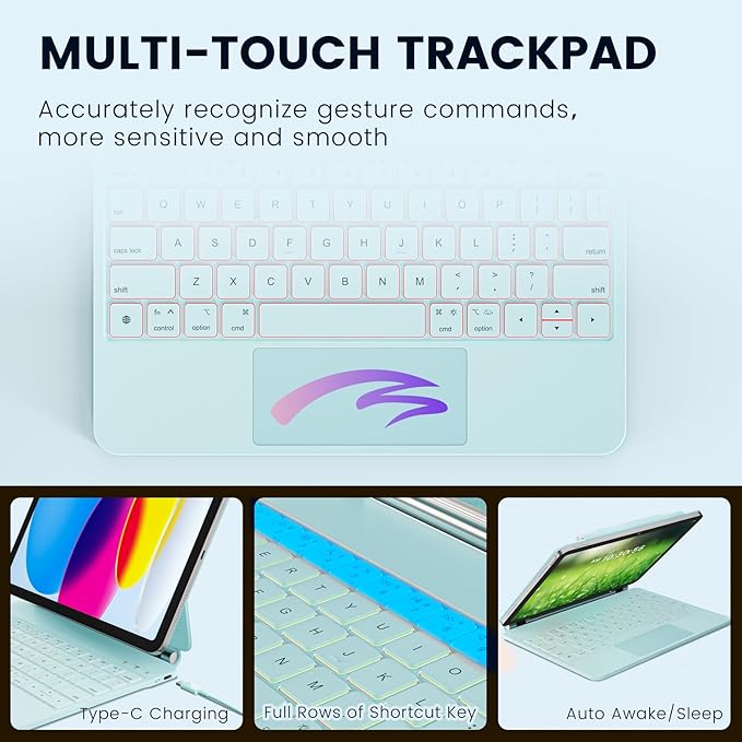 for iPad 11th(A16, 2025)/10th Generation Case with Keyboard, Magic Keyboard 2022, Springy Backlit Keys, Stain-Resistant Surface, Multi-Touch Trackpad, Light Blue