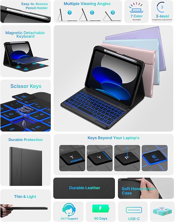 typecase Folio Keyboard Case for iPad 10th Gen 10.9 inch (2022) and iPad 11th (A16, 2025), Magnetic Wireless Detachable Keyboard, 7-Color Backlight, Thin & Light, Pencil Holder – Black
